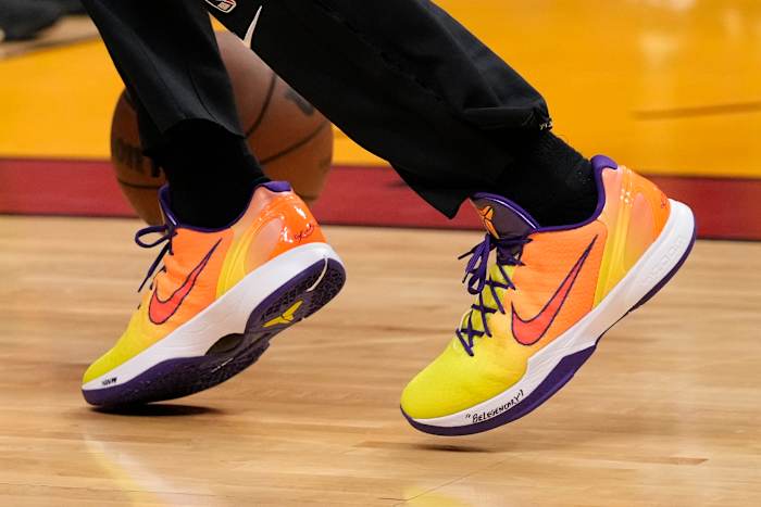 Phoenix Suns guard Devin Booker wears the Nike Kobe 6 Protro shoes.
